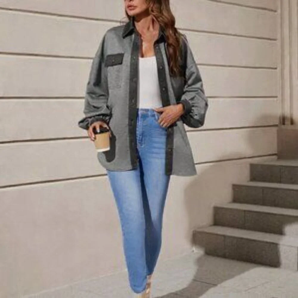 Grey Casual Womens Drop Shoulder Flap Pocket Contrast Trim Coat - Picture 5 of 5